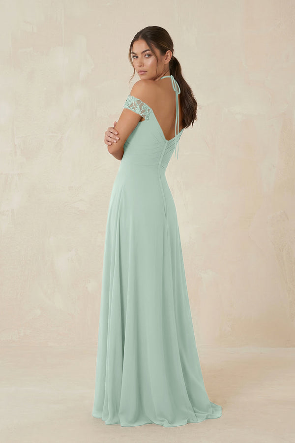 A-Line Off-the-Shoulder Chiffon Bridesmaid Dress in Sage (2) | KISSBRIDAL