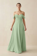 A-Line Off-the-Shoulder Chiffon Bridesmaid Dress in Sage - SHE IS ME BRIDESMAID DRESSES