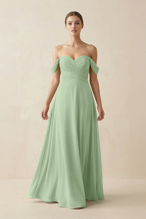 A-Line Off-the-Shoulder Chiffon Bridesmaid Dress in Sage - SHE IS ME BRIDESMAID DRESSES