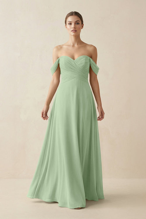 A-Line Off-the-Shoulder Chiffon Bridesmaid Dress in Sage - SHE IS ME BRIDESMAID DRESSES