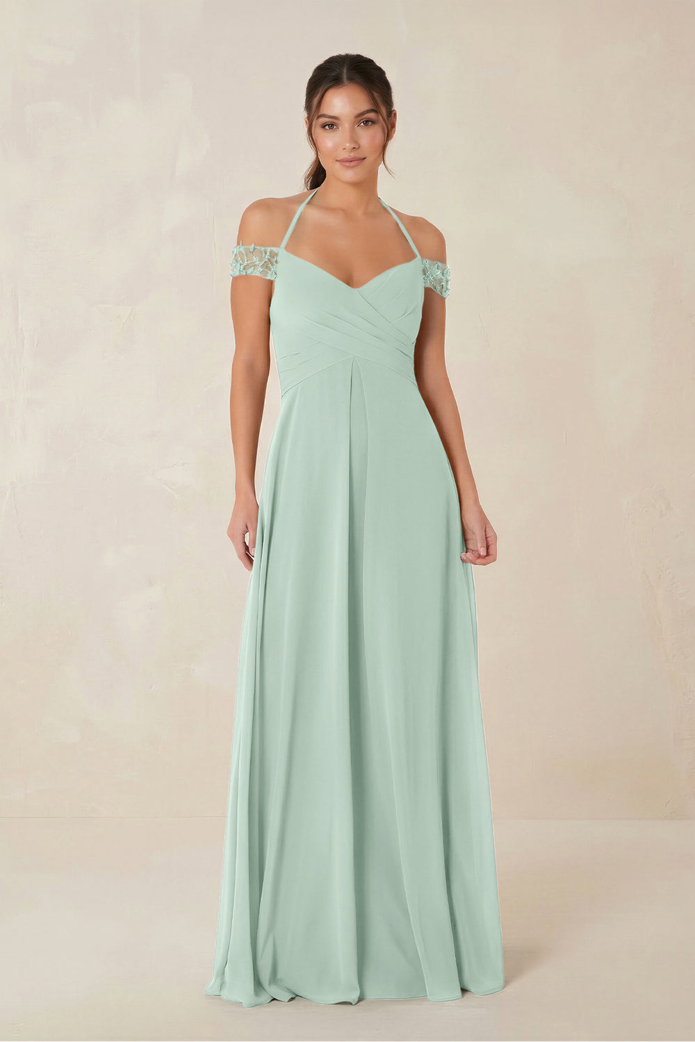 A-Line Off-the-Shoulder Chiffon Bridesmaid Dress in Sage