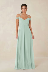 A-Line Off-the-Shoulder Chiffon Bridesmaid Dress in Sage | KISSBRIDAL