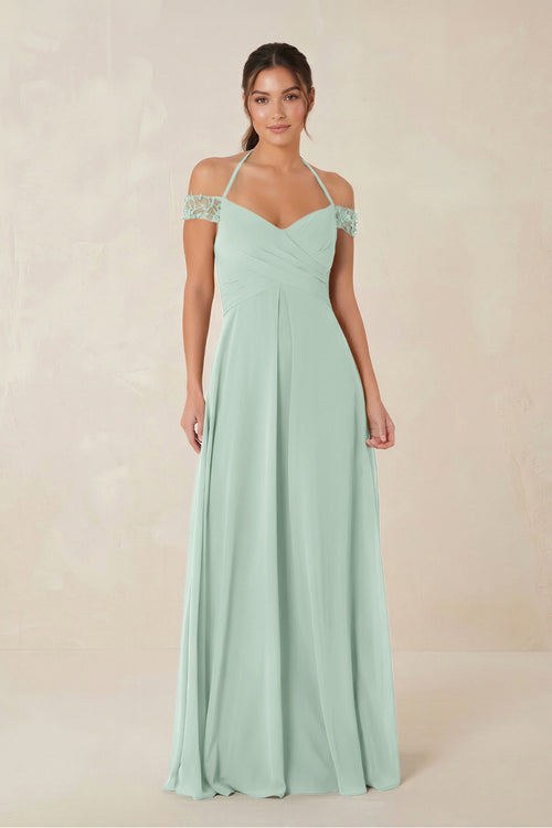 A-Line Off-the-Shoulder Chiffon Bridesmaid Dress in Sage | KISSBRIDAL
