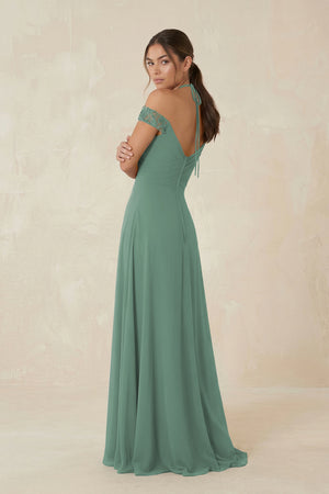 A-Line Off-the-Shoulder Chiffon Bridesmaid Dress in Sea Glass (2) | KISSBRIDAL