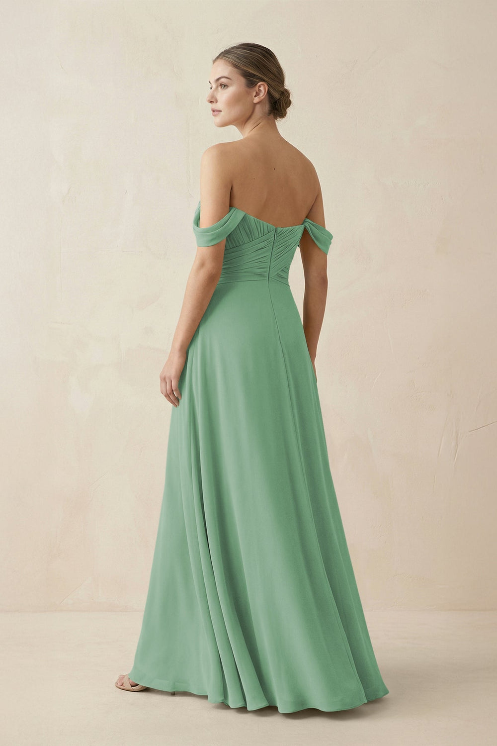 A-Line Off-the-Shoulder Chiffon Bridesmaid Dress in Sea Glass - KISS BRIDAL BRIDESMAID DRESSES