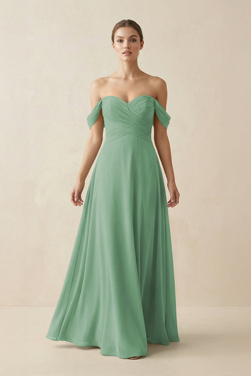 A-Line Off-the-Shoulder Chiffon Bridesmaid Dress in Sea Glass - SHE IS ME BRIDESMAID DRESSES