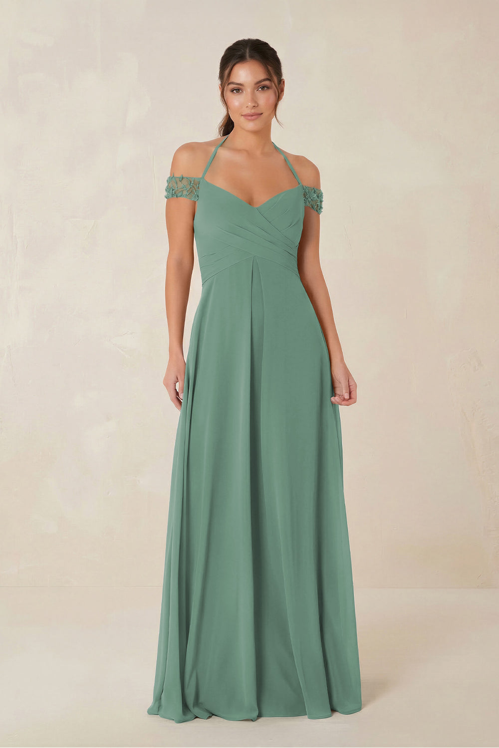 A-Line Off-the-Shoulder Chiffon Bridesmaid Dress in Sea Glass