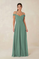 A-Line Off-the-Shoulder Chiffon Bridesmaid Dress in Sea Glass | KISSBRIDAL