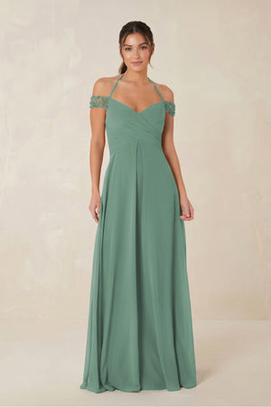 A-Line Off-the-Shoulder Chiffon Bridesmaid Dress in Sea Glass | KISSBRIDAL