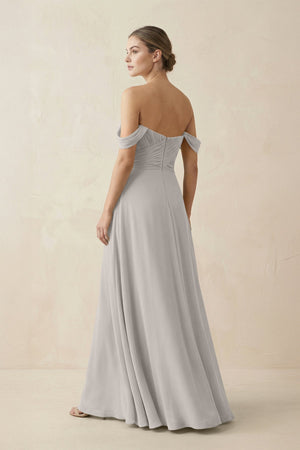 A-Line Off-the-Shoulder Chiffon Bridesmaid Dress in Silver - SHE IS ME BRIDESMAID DRESSES