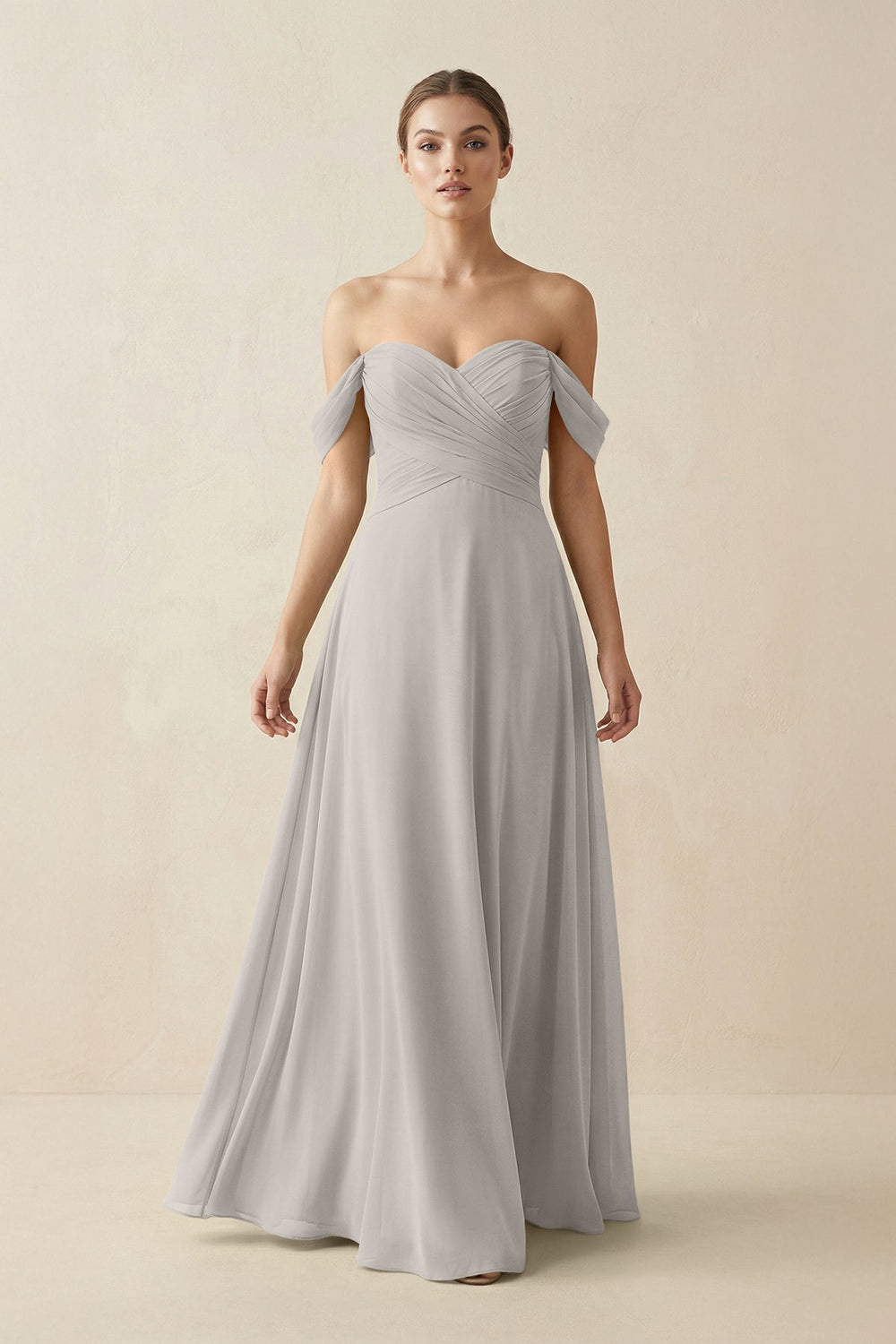 A-Line Off-the-Shoulder Chiffon Bridesmaid Dress in Silver - KISS BRIDAL BRIDESMAID DRESSES