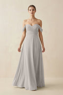 A-Line Off-the-Shoulder Chiffon Bridesmaid Dress in Silver - SHE IS ME BRIDESMAID DRESSES
