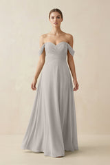 A-Line Off-the-Shoulder Chiffon Bridesmaid Dress in Silver - KISS BRIDAL BRIDESMAID DRESSES