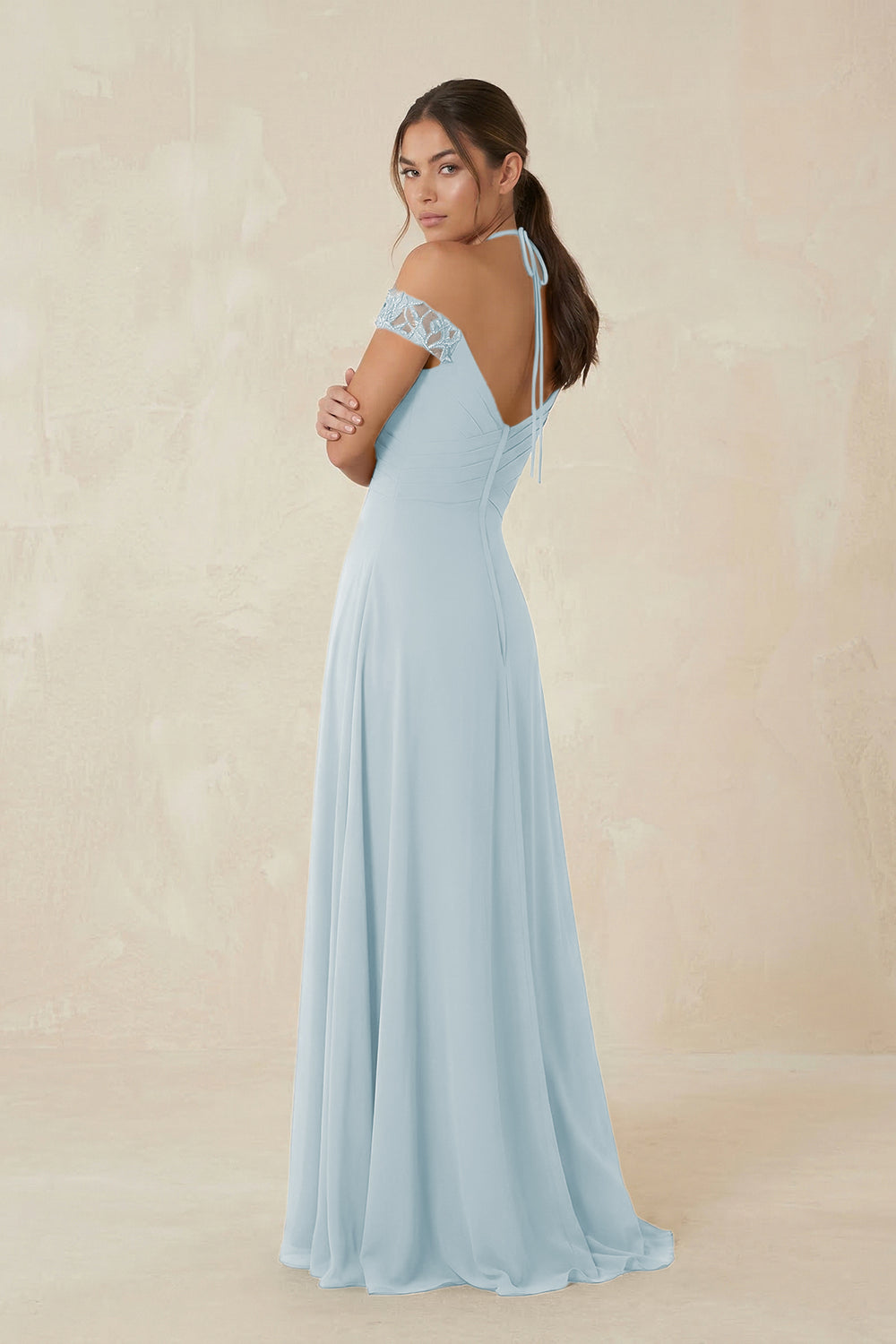 A-Line Off-the-Shoulder Chiffon Bridesmaid Dress in Sky Blue