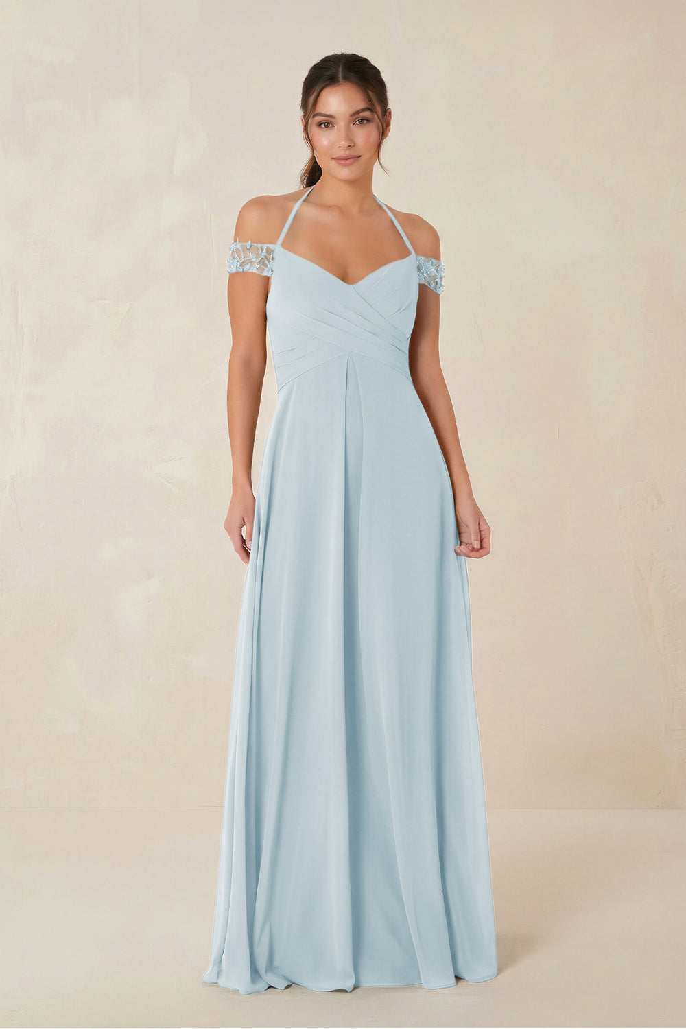 A-Line Off-the-Shoulder Chiffon Bridesmaid Dress in Sky Blue