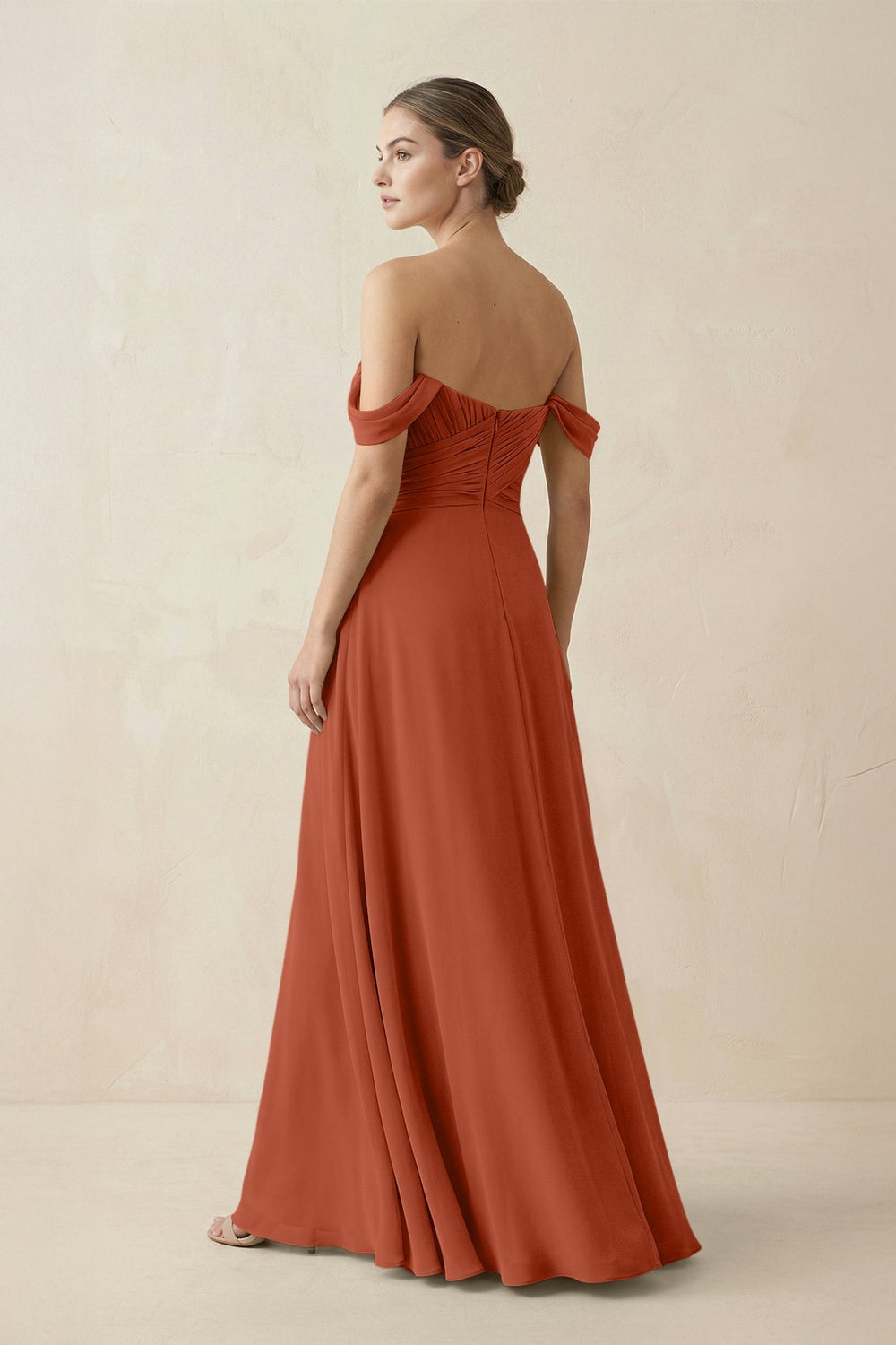 A-Line Off-the-Shoulder Chiffon Bridesmaid Dress in Spice - KISS BRIDAL BRIDESMAID DRESSES
