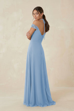 A-Line Off-the-Shoulder Chiffon Bridesmaid Dress in Steel Blue (2) | KISSBRIDAL