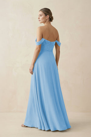 A-Line Off-the-Shoulder Chiffon Bridesmaid Dress in Steel Blue - SHE IS ME BRIDESMAID DRESSES