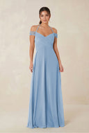 A-Line Off-the-Shoulder Chiffon Bridesmaid Dress in Steel Blue | KISSBRIDAL