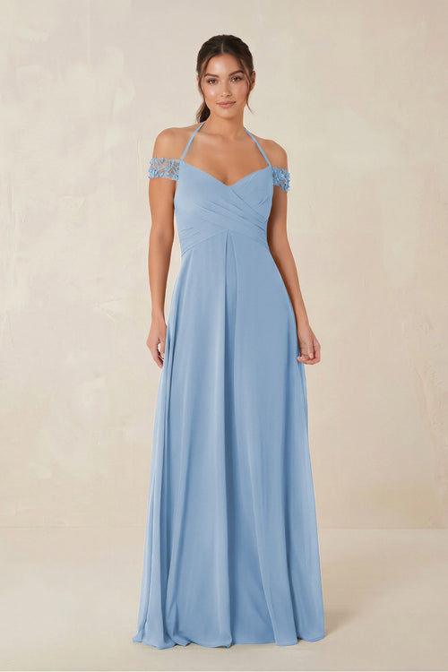 A-Line Off-the-Shoulder Chiffon Bridesmaid Dress in Steel Blue | KISSBRIDAL