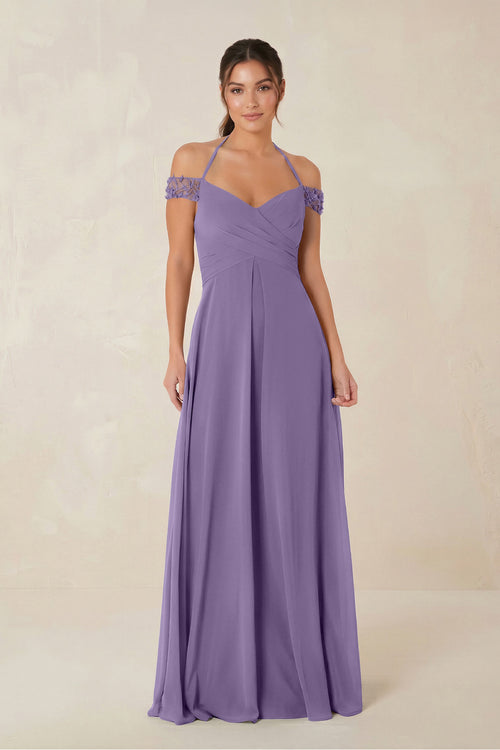 A-Line Off-the-Shoulder Chiffon Bridesmaid Dress in Tahiti | KISSBRIDAL
