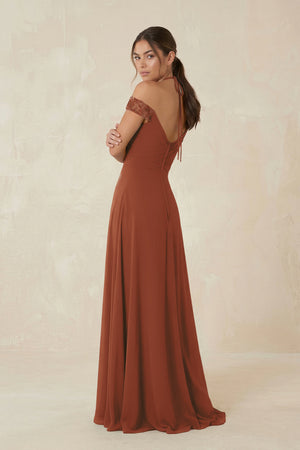 A-Line Off-the-Shoulder Chiffon Bridesmaid Dress in Terracotta (2) | KISSBRIDAL