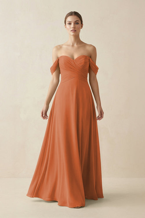 A-Line Off-the-Shoulder Chiffon Bridesmaid Dress in Terracotta - SHE IS ME BRIDESMAID DRESSES