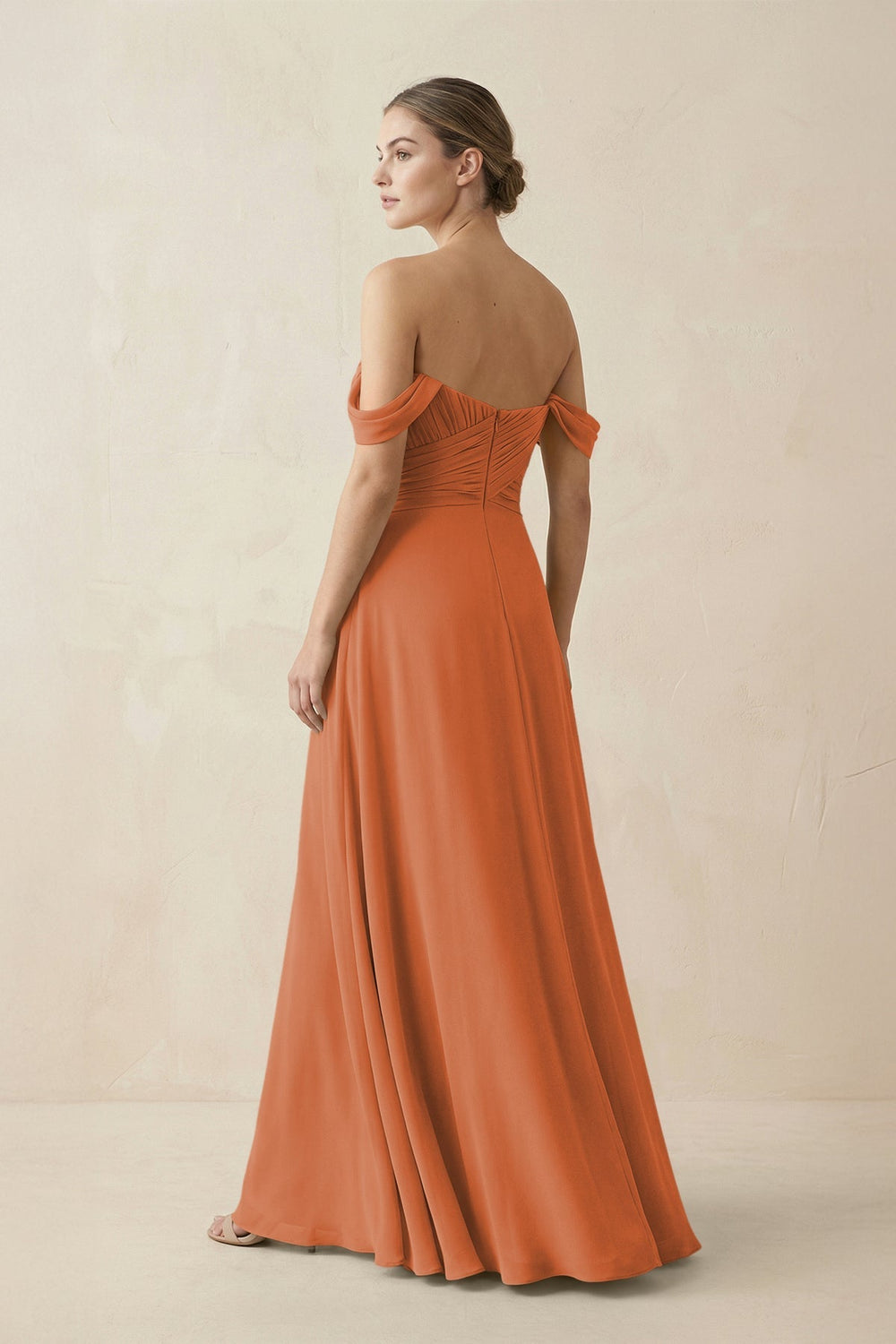 A-Line Off-the-Shoulder Chiffon Bridesmaid Dress in Terracotta - KISS BRIDAL BRIDESMAID DRESSES