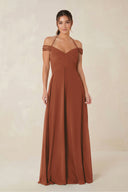 A-Line Off-the-Shoulder Chiffon Bridesmaid Dress in Terracotta | KISSBRIDAL