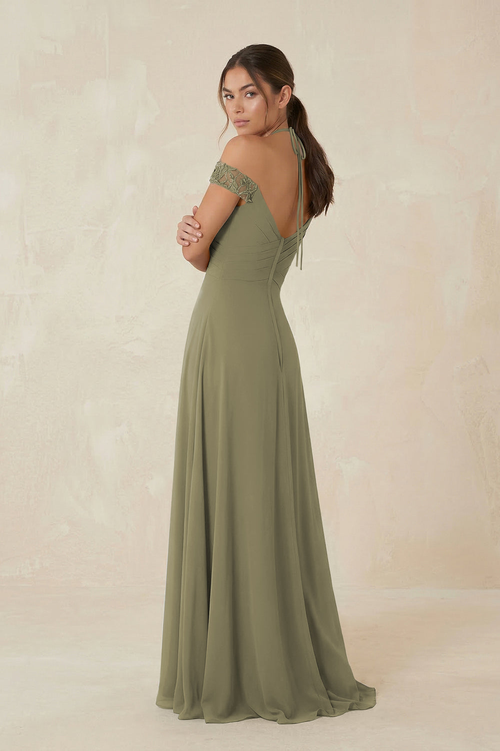 A-Line Off-the-Shoulder Chiffon Bridesmaid Dress in Thyme