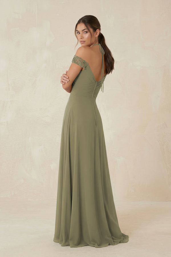 A-Line Off-the-Shoulder Chiffon Bridesmaid Dress in Thyme (2) | KISSBRIDAL