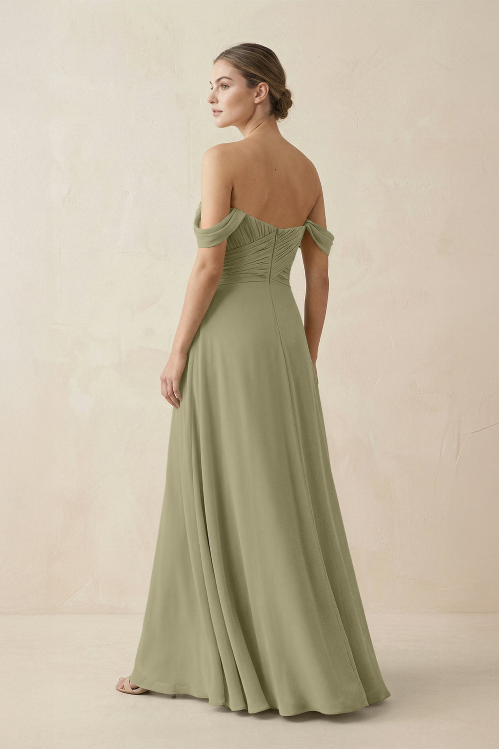 A-Line Off-the-Shoulder Chiffon Bridesmaid Dress in Thyme - KISS BRIDAL BRIDESMAID DRESSES