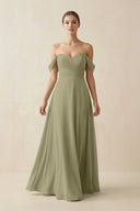 A-Line Off-the-Shoulder Chiffon Bridesmaid Dress in Thyme - SHE IS ME BRIDESMAID DRESSES