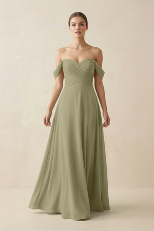 A-Line Off-the-Shoulder Chiffon Bridesmaid Dress in Thyme - SHE IS ME BRIDESMAID DRESSES