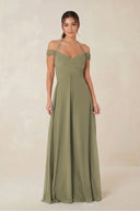 A-Line Off-the-Shoulder Chiffon Bridesmaid Dress in Thyme | KISSBRIDAL
