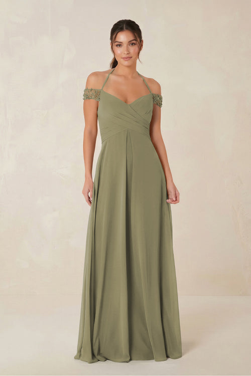 A-Line Off-the-Shoulder Chiffon Bridesmaid Dress in Thyme | KISSBRIDAL