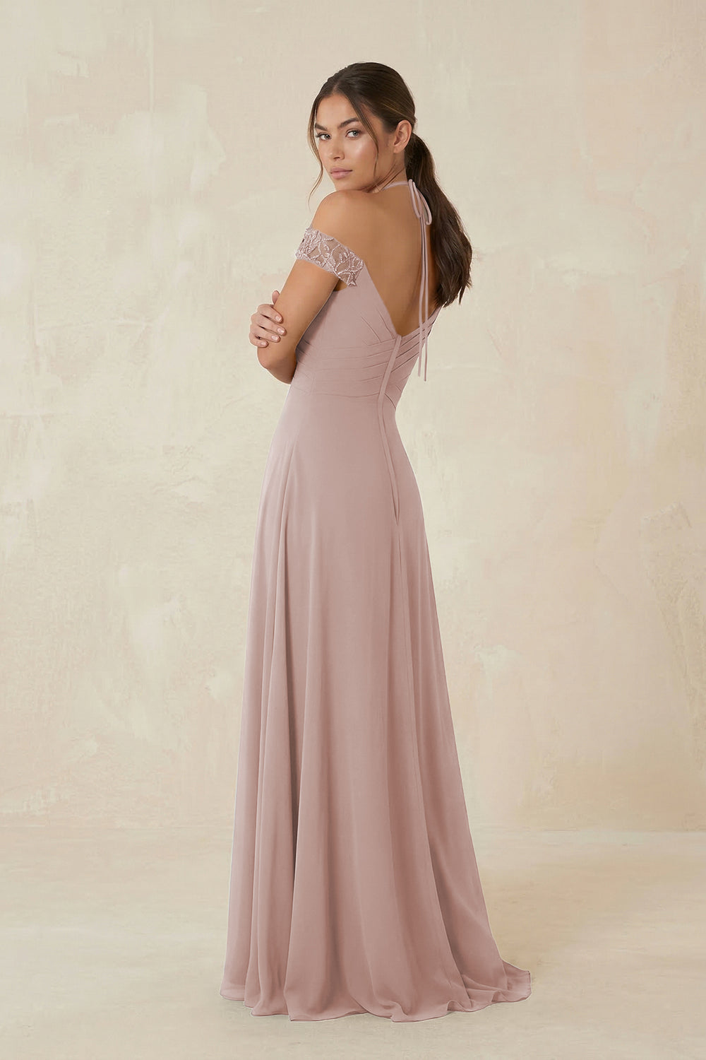 A-Line Off-the-Shoulder Chiffon Bridesmaid Dress in Toffee