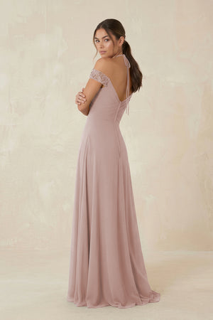 A-Line Off-the-Shoulder Chiffon Bridesmaid Dress in Toffee (2) | KISSBRIDAL