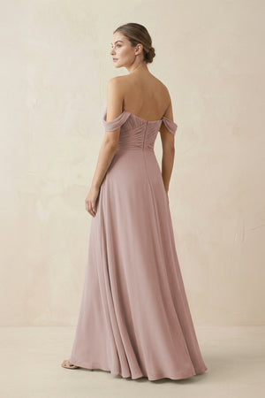 A-Line Off-the-Shoulder Chiffon Bridesmaid Dress in Toffee (2) | KISSBRIDAL