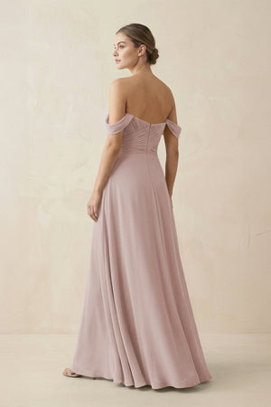 A-Line Off-the-Shoulder Chiffon Bridesmaid Dress in Toffee - SHE IS ME BRIDESMAID DRESSES