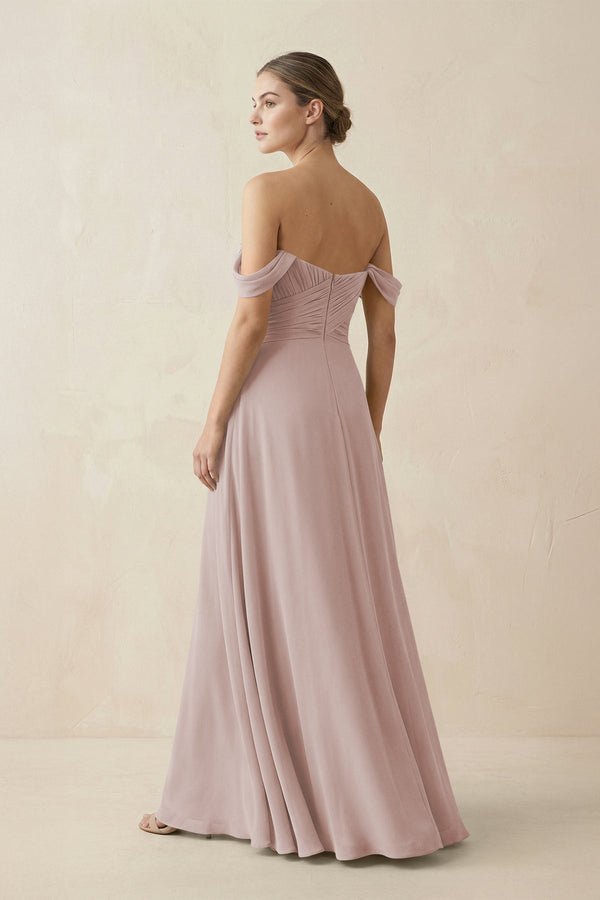 A-Line Off-the-Shoulder Chiffon Bridesmaid Dress in Toffee - SHE IS ME BRIDESMAID DRESSES