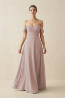 A-Line Off-the-Shoulder Chiffon Bridesmaid Dress in Toffee - SHE IS ME BRIDESMAID DRESSES