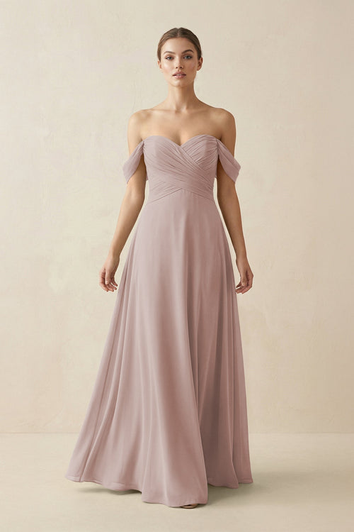 A-Line Off-the-Shoulder Chiffon Bridesmaid Dress in Toffee - SHE IS ME BRIDESMAID DRESSES