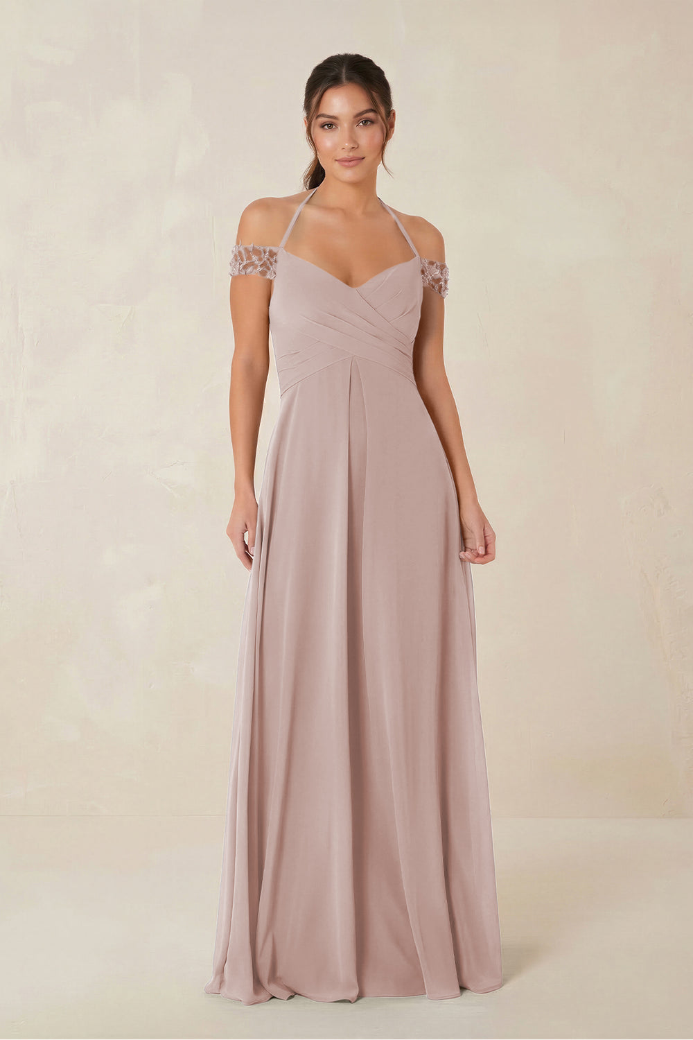 A-Line Off-the-Shoulder Chiffon Bridesmaid Dress in Toffee