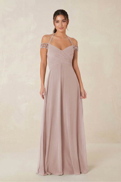 A-Line Off-the-Shoulder Chiffon Bridesmaid Dress in Toffee | KISSBRIDAL
