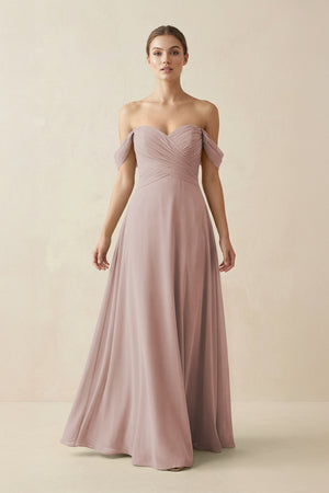 A-Line Off-the-Shoulder Chiffon Bridesmaid Dress in Toffee | KISSBRIDAL