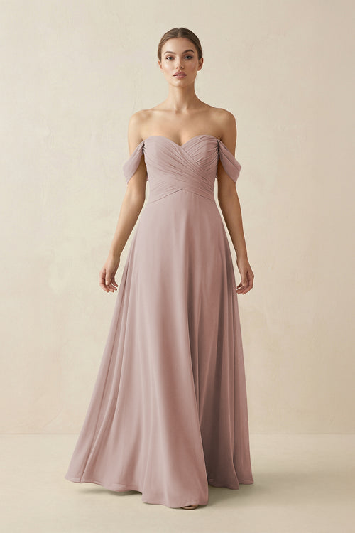 A-Line Off-the-Shoulder Chiffon Bridesmaid Dress in Toffee | KISSBRIDAL