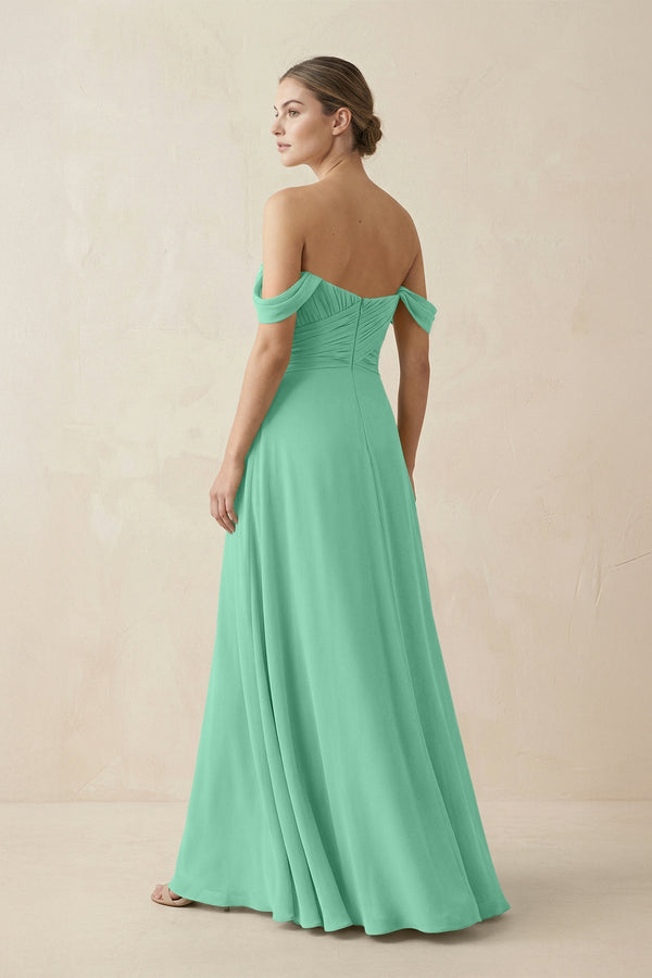 A-Line Off-the-Shoulder Chiffon Bridesmaid Dress in Turquoise - SHE IS ME BRIDESMAID DRESSES