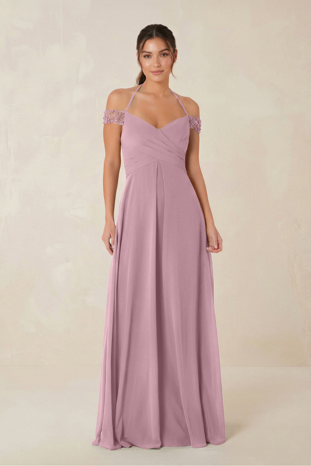 A-Line Off-the-Shoulder Chiffon Bridesmaid Dress in Vintage Mauve
