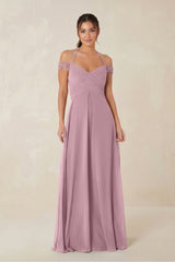 A-Line Off-the-Shoulder Chiffon Bridesmaid Dress in Vintage Mauve | KISSBRIDAL